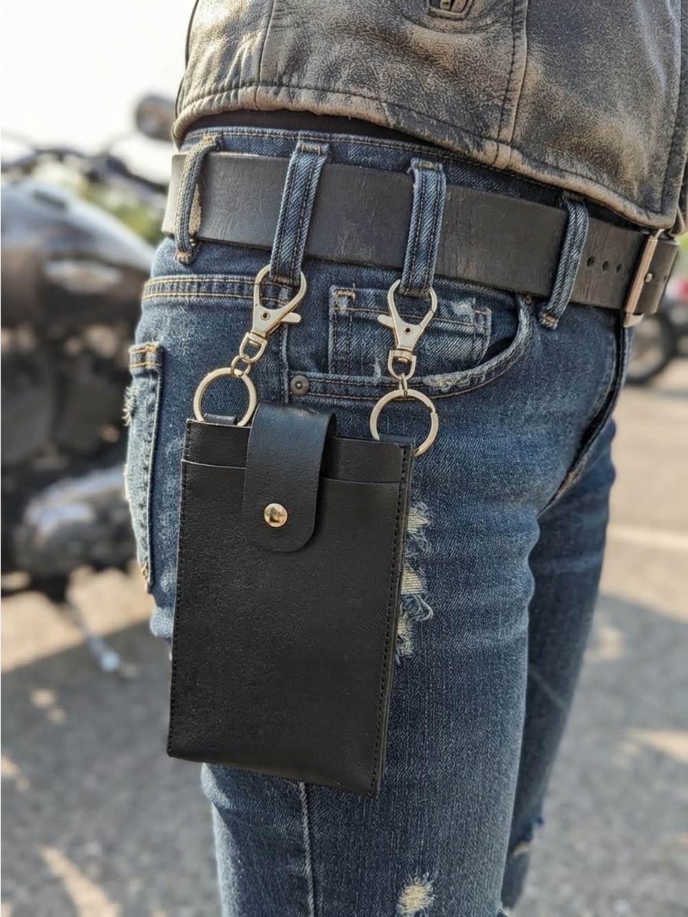 Sleek Black Faux Leather Biker Pouch/Phone Holder- Hip Clip with Gold Hardware
